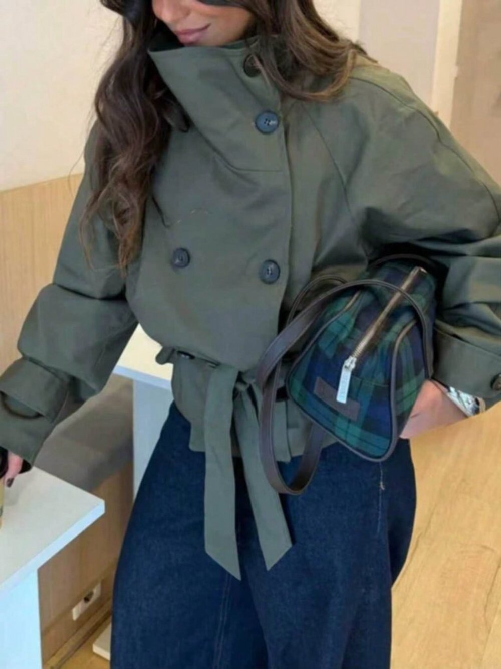 Army Green Casual Women's Double-Breasted Tie-Up Loose Military Trench Coat